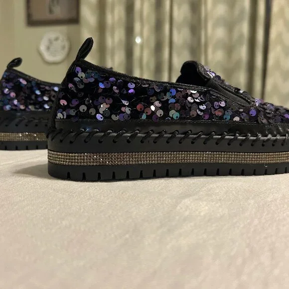 Black Iridescent Sequin Slip-On Platform Sneakers. - Picture 3 of 6